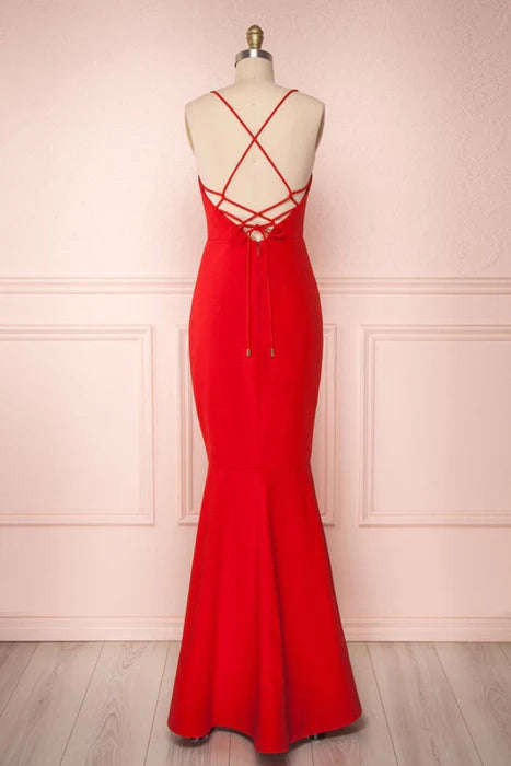 Elegant Mermaid Square Neck Spaghetti Strap Red Prom Dress