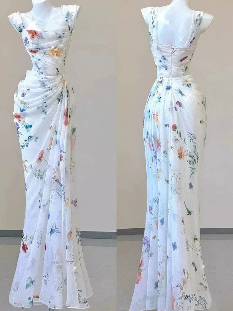 Elegant Mermaid Square Ruched Floral White Train Prom Dress For Female Guests