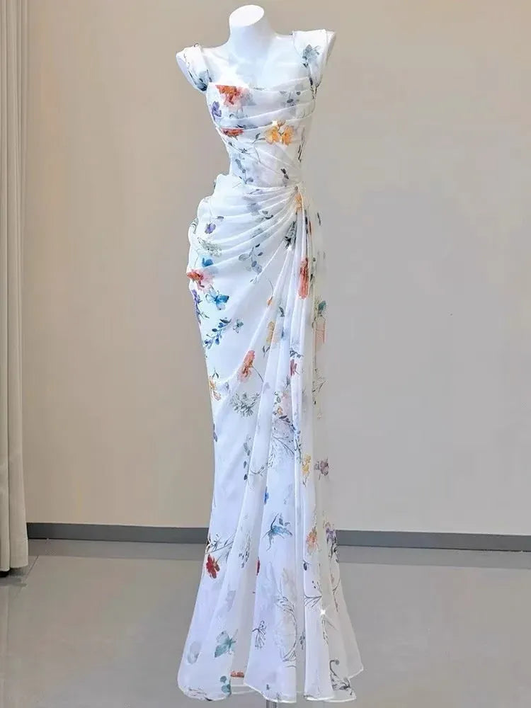 Elegant Mermaid Square Ruched Floral White Train Prom Dress For Female Guests