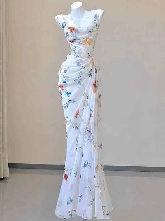 Elegant Mermaid Square Ruched Floral White Train Prom Dress For Female Guests