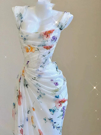 Elegant Mermaid Square Ruched Floral White Train Prom Dress For Female Guests