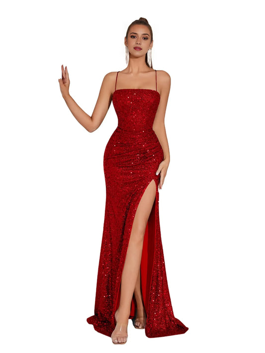 Elegant Mermaid Straight Sleeveless Lace Up Floor-Length Side Slit prom dress for women