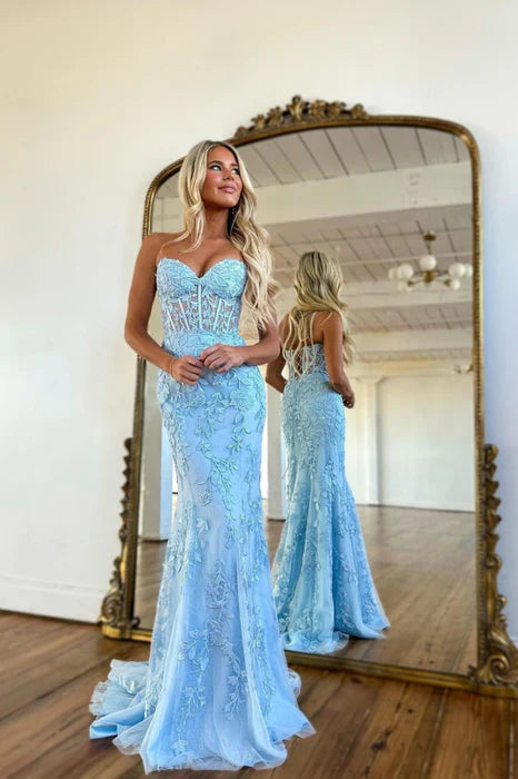 Elegant Mermaid Strapless Lace Sky Blue Floor-Length Evening Dress