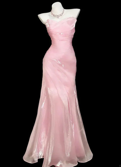 Elegant Mermaid Strapless Ruched Satin Maxi Party Dress