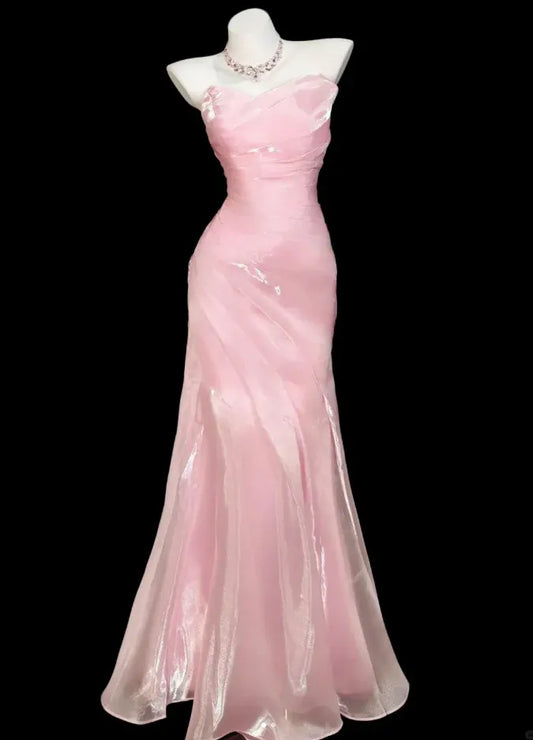 Elegant Mermaid Strapless Ruched Satin Maxi Party Dress