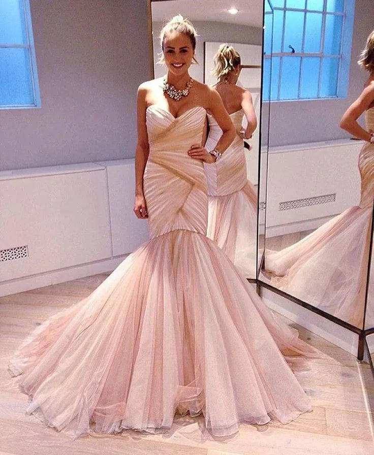 Elegant Mermaid Strapless Ruched Tulle Blush Floor-Length Evening Dress for Women