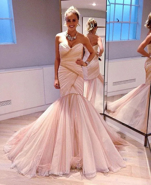 Elegant Mermaid Strapless Ruched Tulle Blush Floor-Length Evening Dress for Women