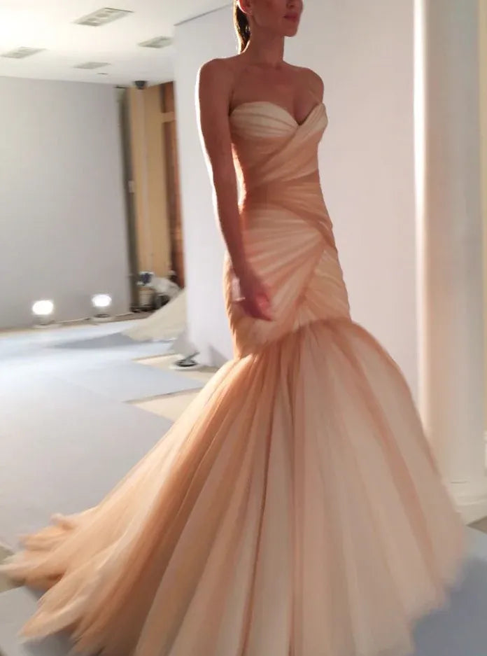 Elegant Mermaid Strapless Ruched Tulle Blush Floor-Length Evening Dress for Women