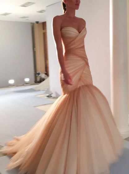 Elegant Mermaid Strapless Ruched Tulle Blush Floor-Length Evening Dress for Women