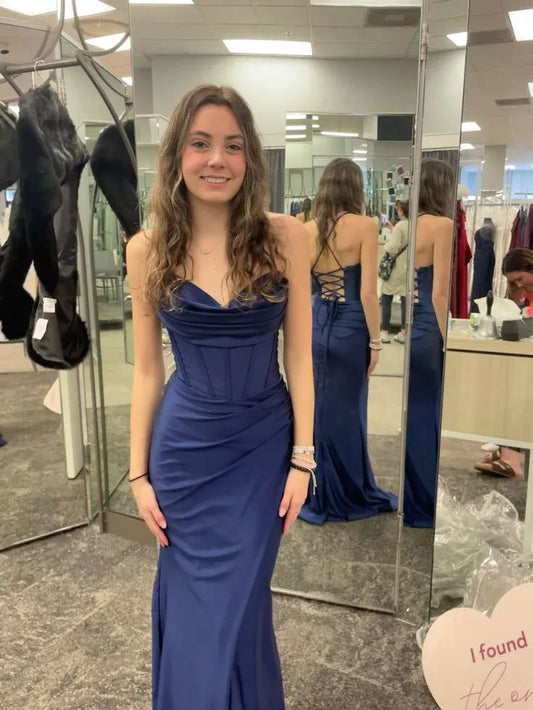 Elegant Mermaid Sweetheart Sleeveless Lace-Up Satin Navy Maxi Evening Dress for Women