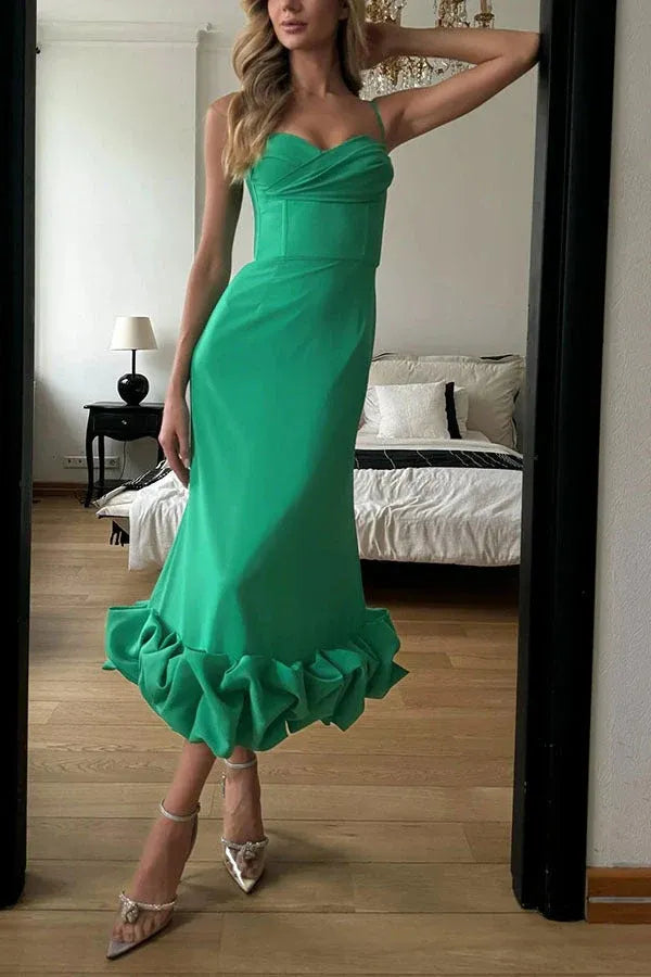 Elegant Mermaid Sweetheart Spaghetti Strap Ruched Ruffled Yellow Midi Prom Dress