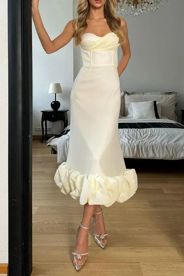 Elegant Mermaid Sweetheart Spaghetti Strap Ruched Ruffled Yellow Midi Prom Dress