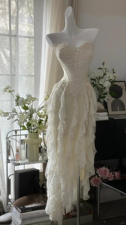 Elegant Mermaid Sweetheart Spaghetti Straps Lace Up Back Asymmetrical Length Prom Dress