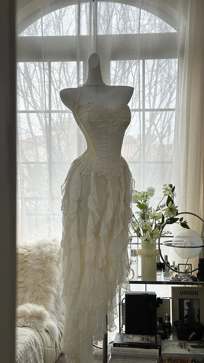Elegant Mermaid Sweetheart Spaghetti Straps Lace Up Back Asymmetrical Length Prom Dress
