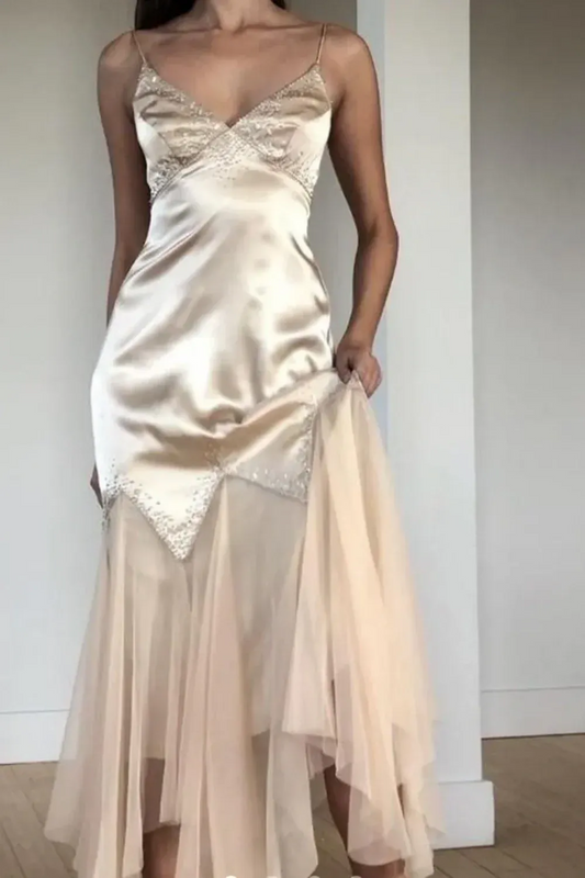 Elegant Mermaid/Trumpet V Neck Sleeveless Pleated Satin Floor-Length Prom Dress