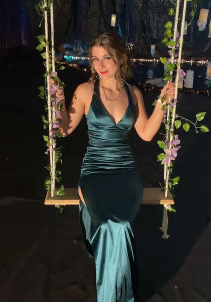 Elegant Mermaid/Trumpet V Neck Sleeveless Satin Floor-Length Prom Dress