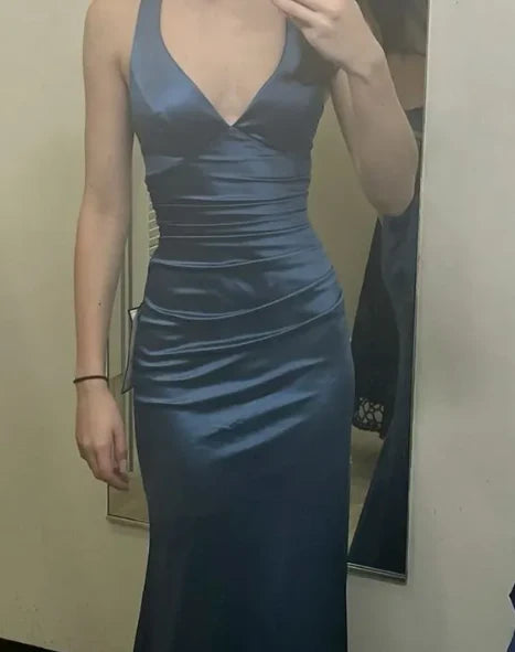 Elegant Mermaid/Trumpet V Neck Sleeveless Satin Floor-Length Prom Dress