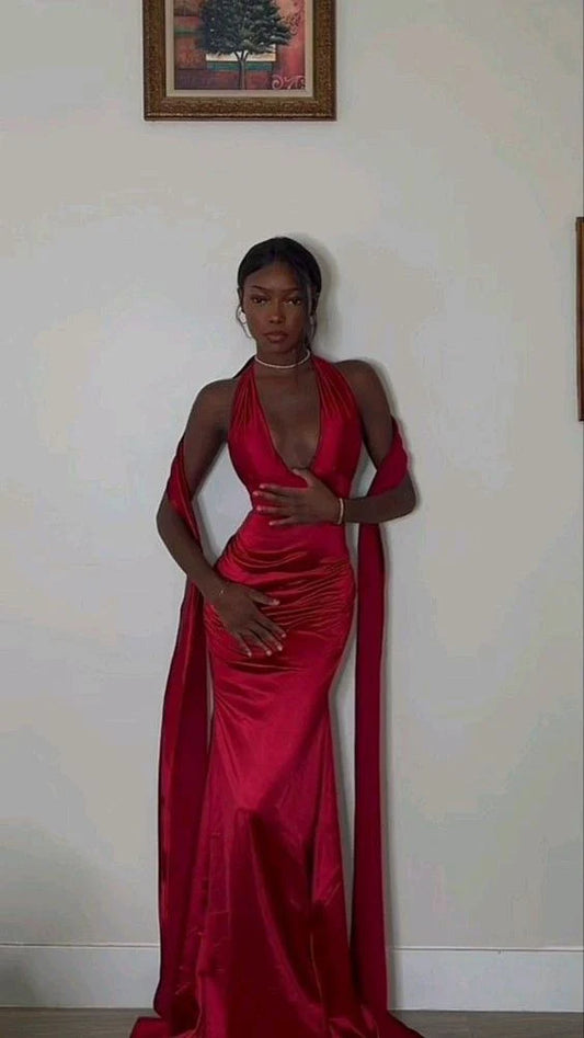 Elegant Mermaid/Trumpet V Neck Sleeveless Satin Lace Up Floor-Length Prom Dress