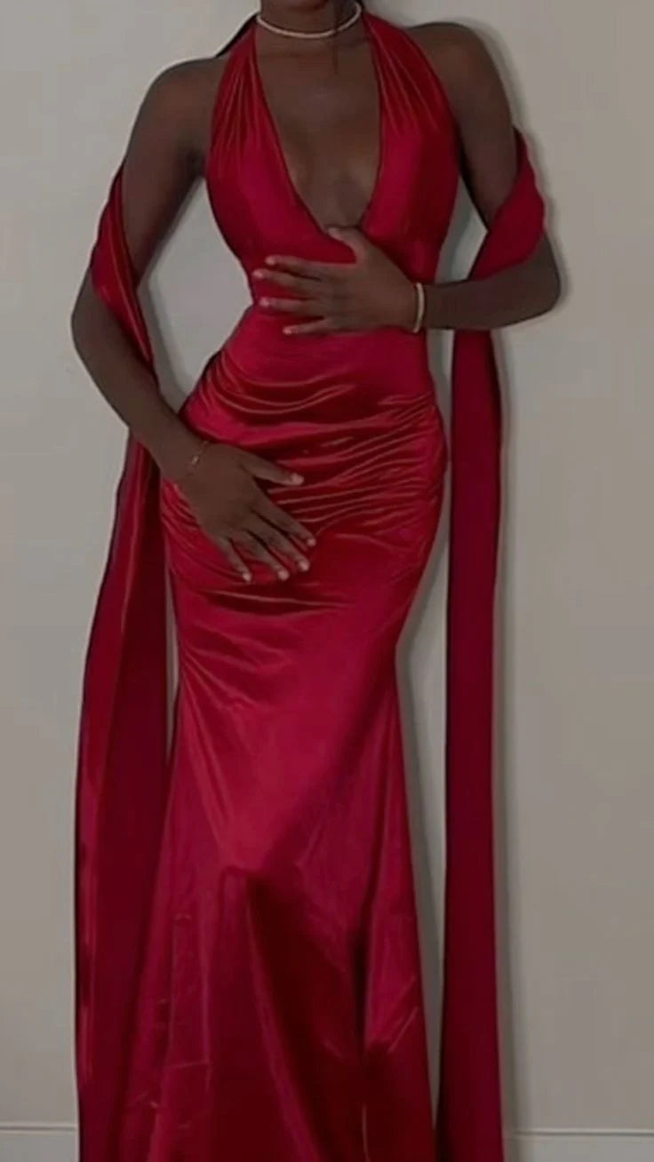 Elegant Mermaid/Trumpet V Neck Sleeveless Satin Lace Up Floor-Length Prom Dress