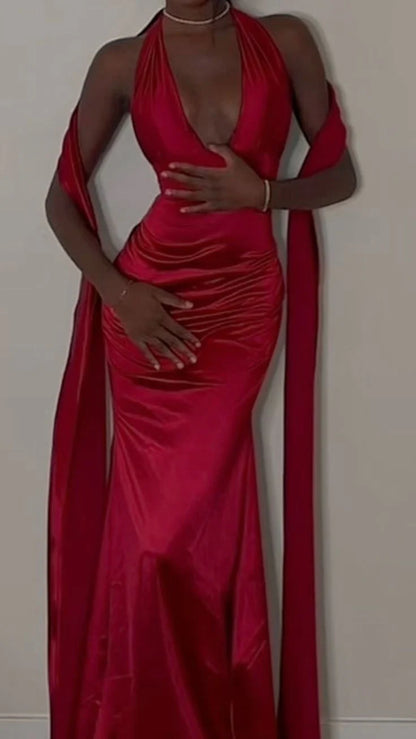 Elegant Mermaid/Trumpet V Neck Sleeveless Satin Lace Up Floor-Length Prom Dress