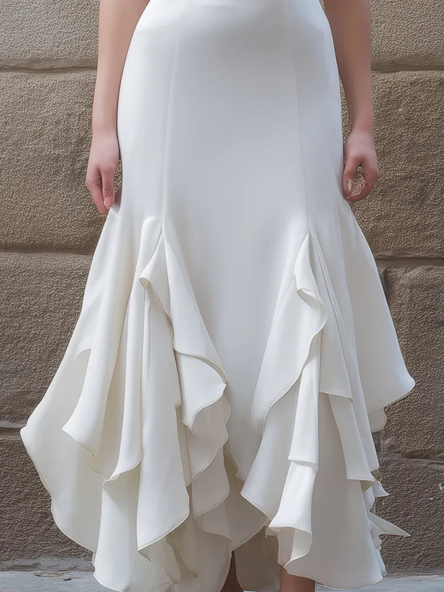 Elegant Mermaid V-Neck Cap Sleeve Ruffled White High-Low Prom Dresses