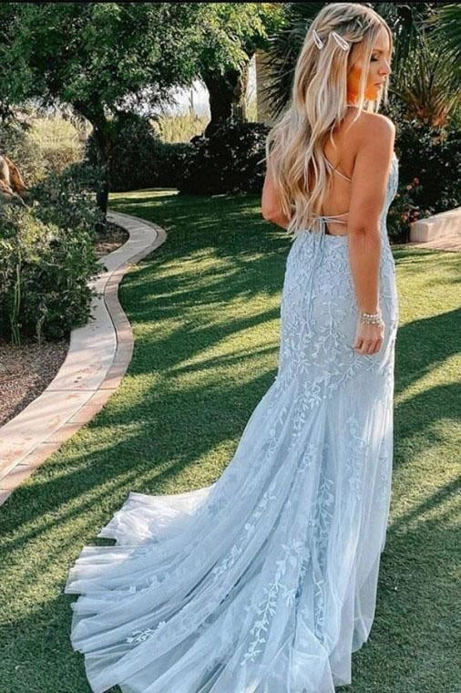 Elegant Mermaid V-Neck Sleeveless Backless Sweep/Brush Train Prom Dress
