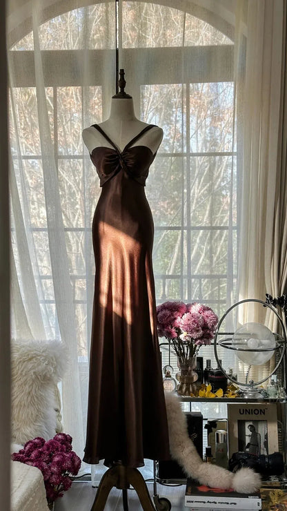 Elegant Mermaid V-Neck Sleeveless Bow-Back Chocolate Maxi Prom Dress for Women Custom
