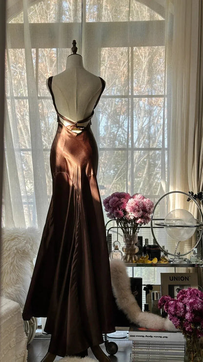 Elegant Mermaid V-Neck Sleeveless Bow-Back Chocolate Maxi Prom Dress for Women Custom