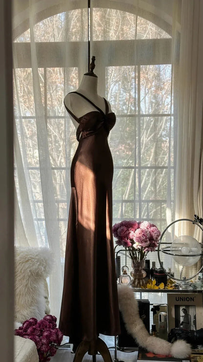 Elegant Mermaid V-Neck Sleeveless Bow-Back Chocolate Maxi Prom Dress for Women Custom