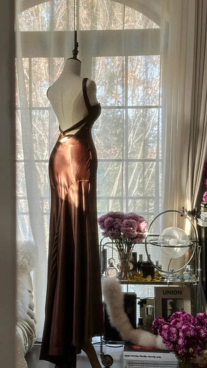 Elegant Mermaid V-Neck Sleeveless Bow-Back Chocolate Maxi Prom Dress for Women Custom