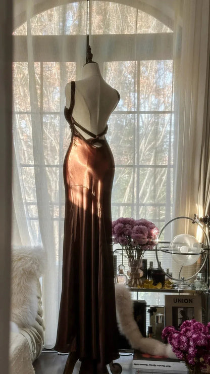Elegant Mermaid V-Neck Sleeveless Bow-Back Chocolate Maxi Prom Dress for Women Custom