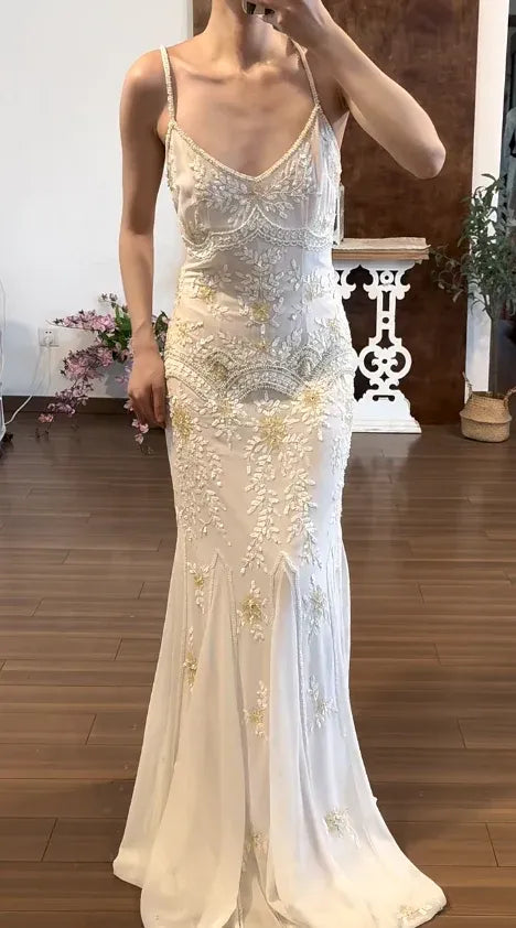 Elegant Mermaid V-neck Beaded Ivory Evening Dress For Bride Hot Sale