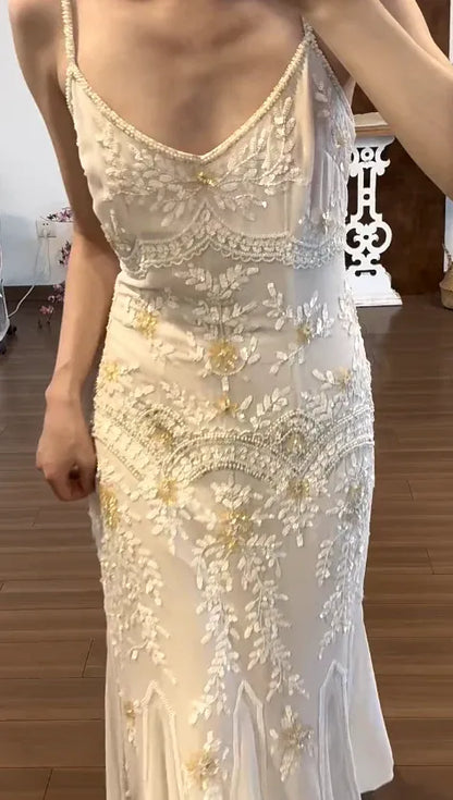 Elegant Mermaid V-neck Beaded Ivory Evening Dress For Bride Hot Sale