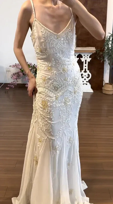 Elegant Mermaid V-neck Beaded Ivory Evening Dress For Bride Hot Sale