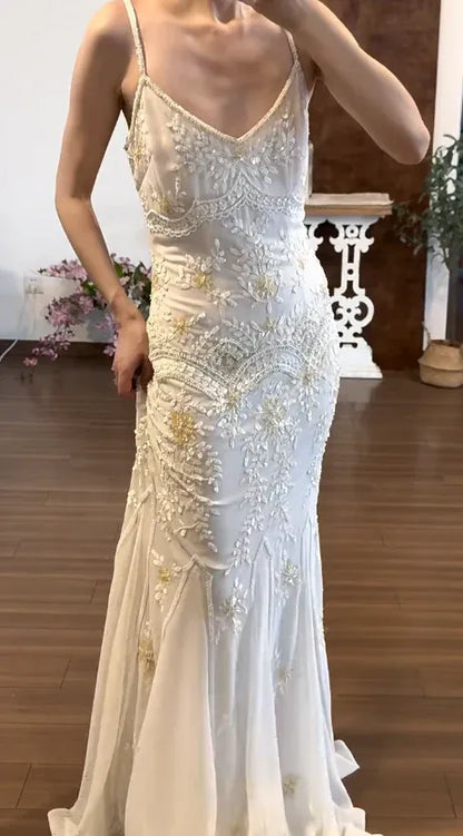 Elegant Mermaid V-neck Beaded Ivory Evening Dress For Bride Hot Sale