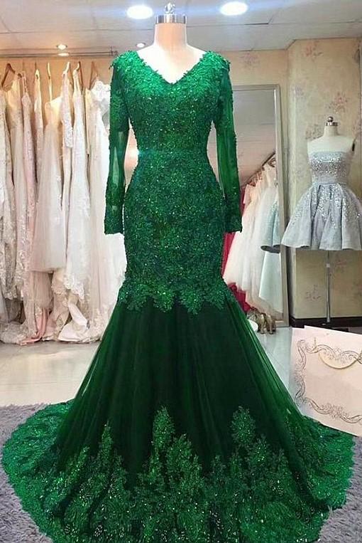 Elegant Mermaid V Neck Long Sleeve Lace Up Floor-Length Mother of the Bride Dress