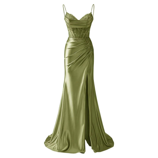 Elegant Mermaid V Neck Sleeveless Back Zip Floor-Length Side Slit prom dress for women