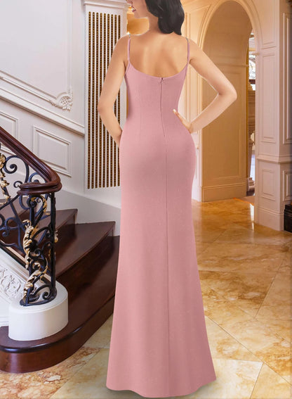 Elegant Mermaid V Neck Sleeveless Back Zip Floor-Length Side Slit prom dress for women