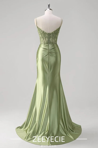 Elegant Mermaid V Neck Sleeveless Back Zip Floor-Length Side Slit prom dress for women