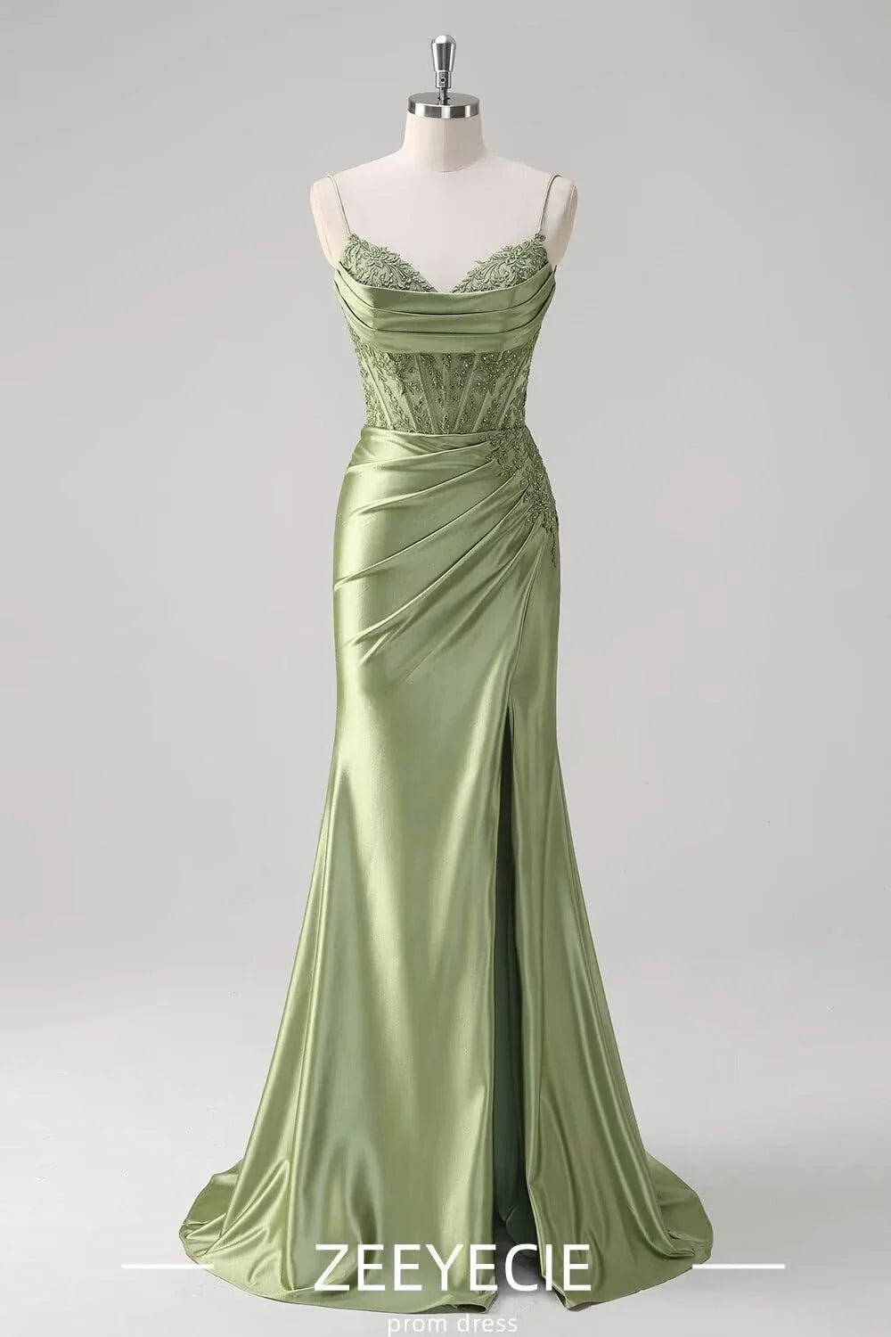 Elegant Mermaid V Neck Sleeveless Back Zip Floor-Length Side Slit prom dress for women