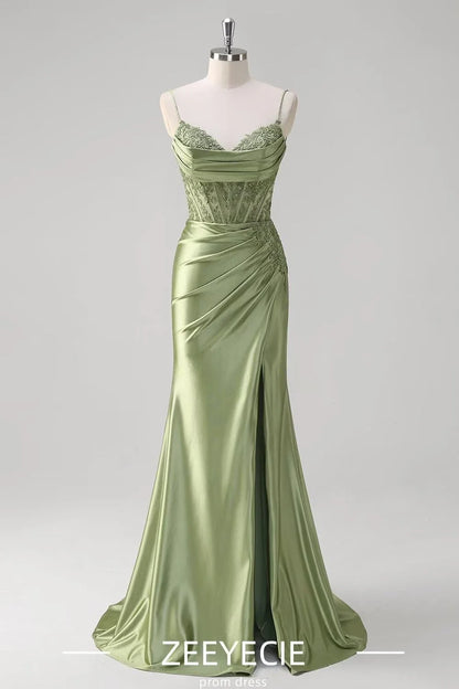 Elegant Mermaid V Neck Sleeveless Back Zip Floor-Length Side Slit prom dress for women