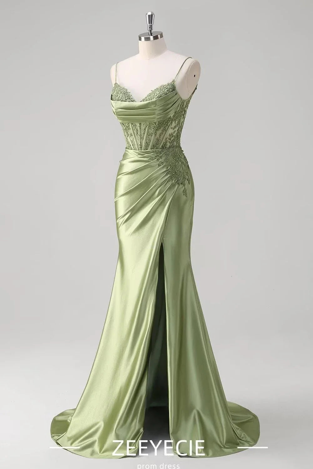 Elegant Mermaid V Neck Sleeveless Back Zip Floor-Length Side Slit prom dress for women