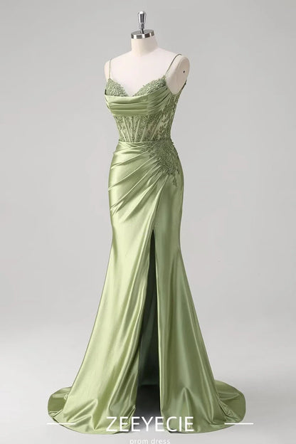 Elegant Mermaid V Neck Sleeveless Back Zip Floor-Length Side Slit prom dress for women