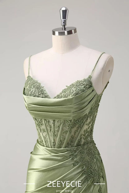 Elegant Mermaid V Neck Sleeveless Back Zip Floor-Length Side Slit prom dress for women