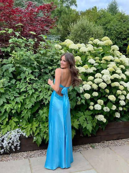 Elegant Mermaid V Neck Sleeveless Beading Satin Floor-Length Prom Dress