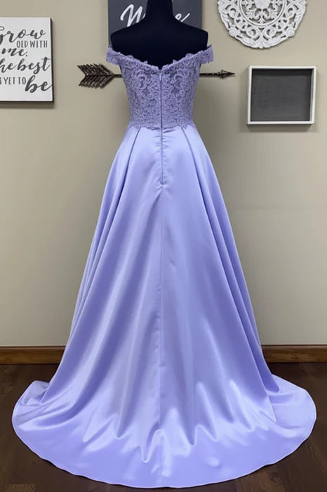 Elegant Off-The-Shoulder Lace Lavender Floor-Length Prom Dress