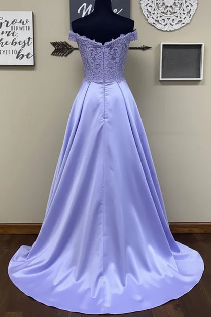 Elegant Off-The-Shoulder Lace Lavender Floor-Length Prom Dress