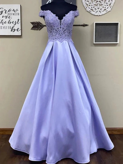Elegant Off-The-Shoulder Lace Lavender Floor-Length Prom Dress