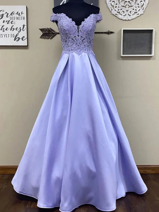 Elegant Off-The-Shoulder Lace Lavender Floor-Length Prom Dress