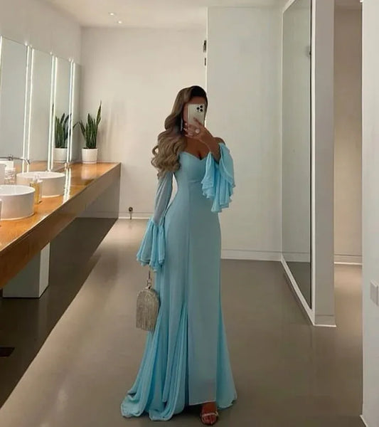 Elegant Off-shoulder Bell Sleeve Chiffon Sky Blue Mermaid Prom Dress For Sale
